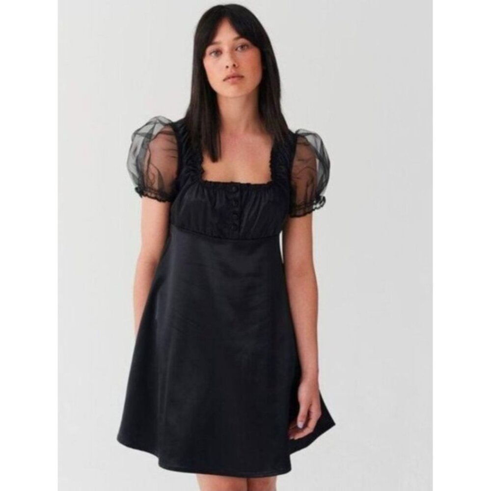 Lazy Oaf Sheer Organza Puff Sleeve Black Satin Mini Dress, Sz 10,